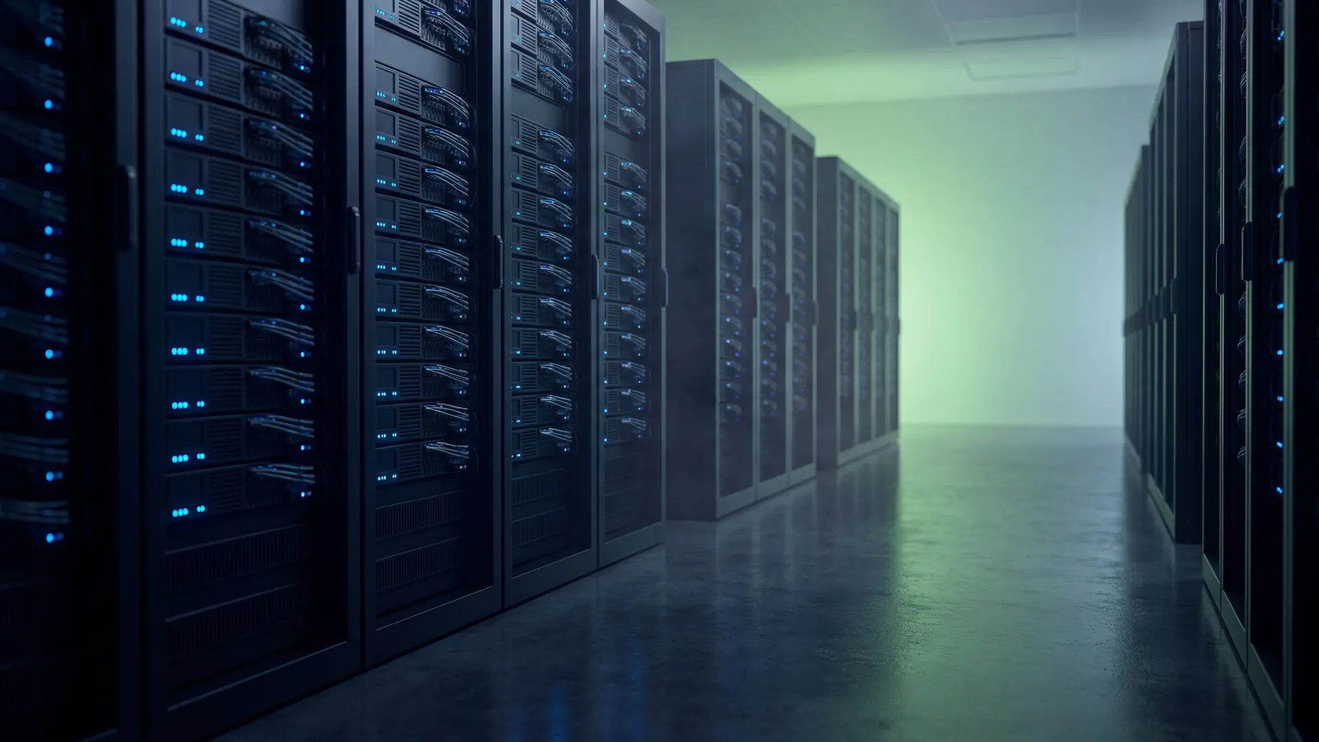 Corredor de data center com racks ordenados, ilumina&ccedil;&atilde;o azul e um toque de verde ao fundo