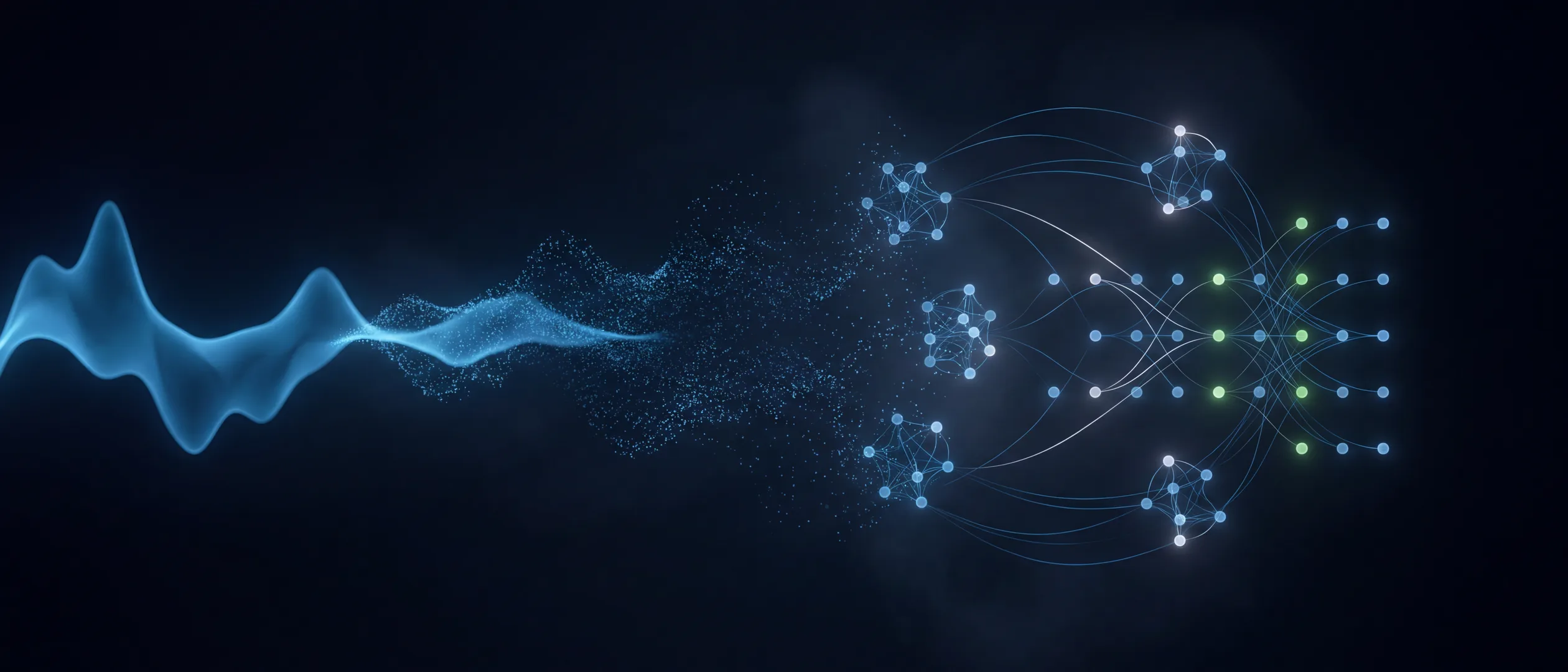 Onda de voz azul que se transforma gradualmente em constela&ccedil;&otilde;es ordenadas de n&oacute;s conectados
