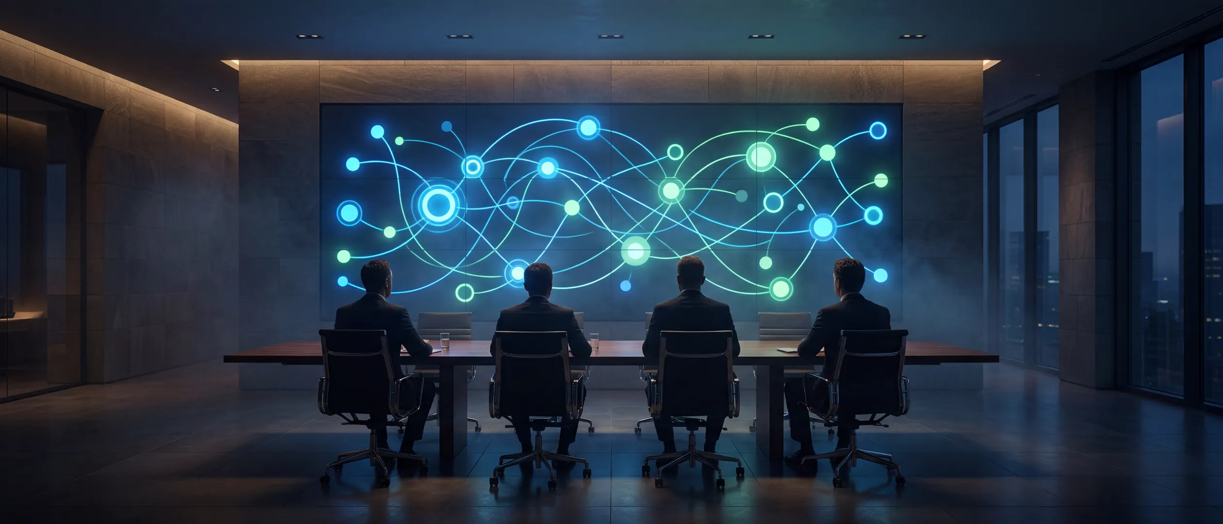 Sala executiva em penumbra com diretores diante de um painel luminoso de n&oacute;s e conex&otilde;es abstratas